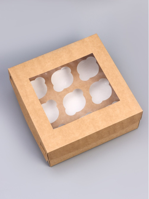 Коробка для капкейков с окном на 9 шт., крафт, 25×25×10 см