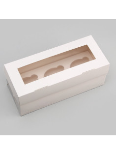 Коробка для 3 капкейка с окном, целлюлоза, белый, 25×10×10 см