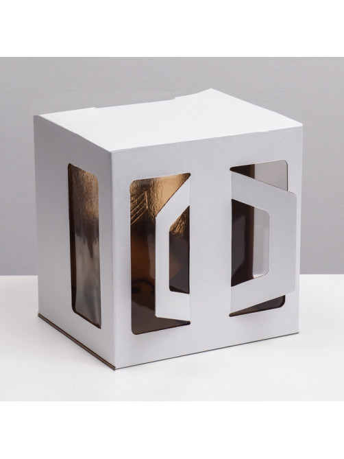 Коробка под торт 2 окна, с ручками, белая, + подложка 2.5 золото - белый, 28×28×20 см