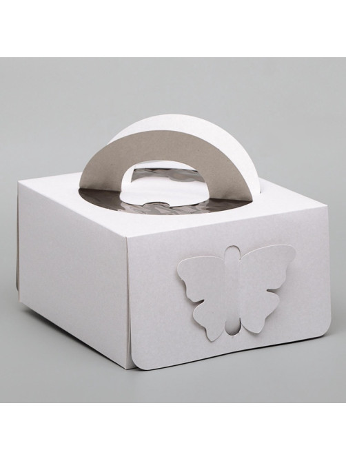 Коробка под торт без печати «Бабочка» 1 кг, белая, с ручками, 21×21×12 см