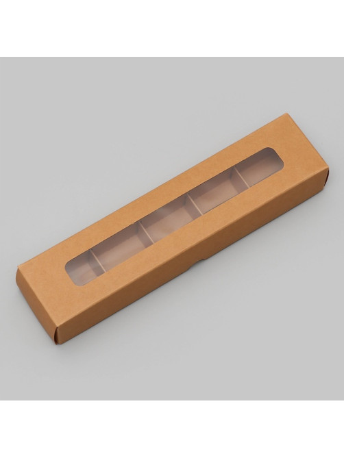 Коробка для 5 конфет, с окном, с тонкими разделителями, крафт 21×5×3.3 см