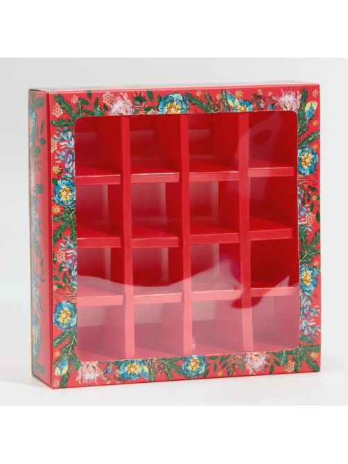 Коробка под 16 конфет с ячейками «Яркий Новый год» 17.5×17.5×3.5 см