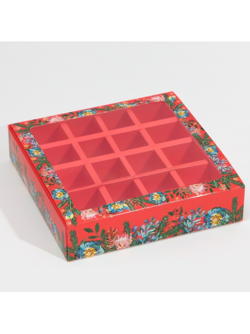 Коробка под 16 конфет с ячейками «Яркий Новый год» 17.5×17.5×3.5 см