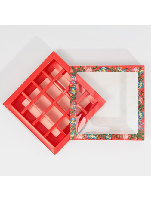 Коробка под 16 конфет с ячейками «Яркий Новый год» 17.5×17.5×3.5 см