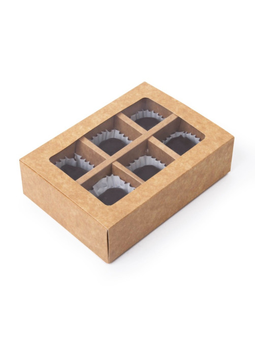 Коробка для 6 конфет с окном, крафт, 13.7×9.85×3.85 см