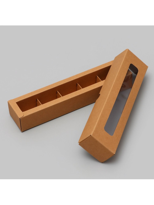 Коробка для 5 конфет, с окном, с тонкими разделителями, крафт 21×5×3.3 см