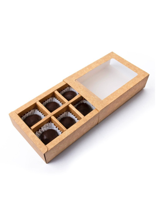 Коробка для 6 конфет с окном, крафт, 13.7×9.85×3.85 см