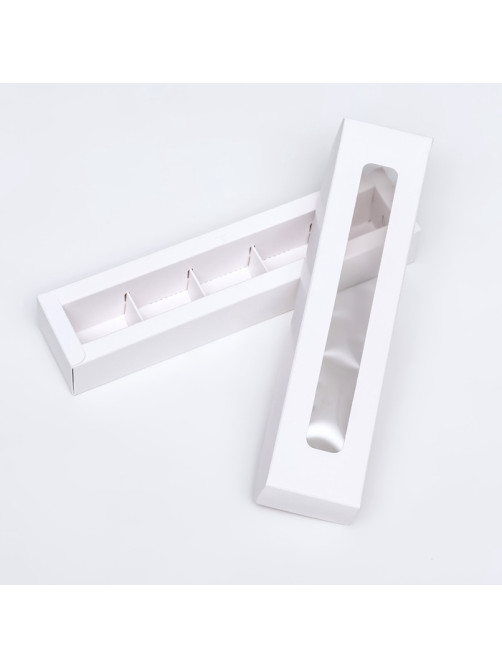Коробка для 5 конфет с окном, с тонкими разделителями, белый 21×5.5×3.3 см
