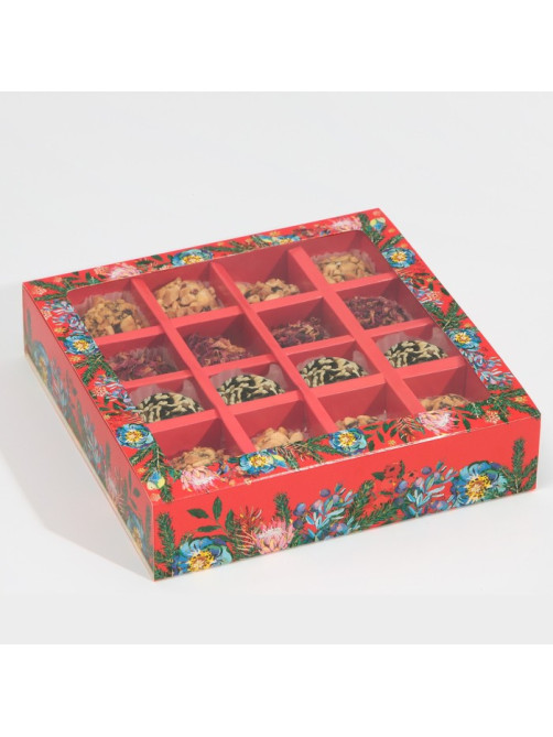 Коробка под 16 конфет с ячейками «Яркий Новый год» 17.5×17.5×3.5 см