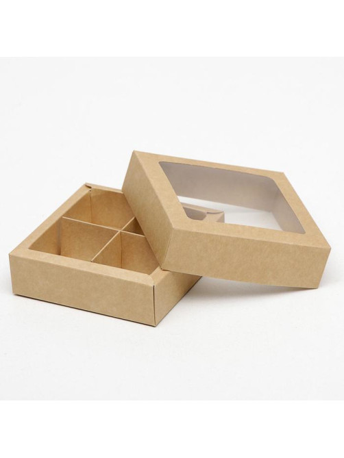 Коробка для конфет с окном, крафт 12.5×12.5×3.5 см
