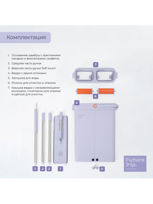 Швабра с отжимом и ведром Future Alp 4 clean system, высота швабры 140 см, 3 профессиональные насадки