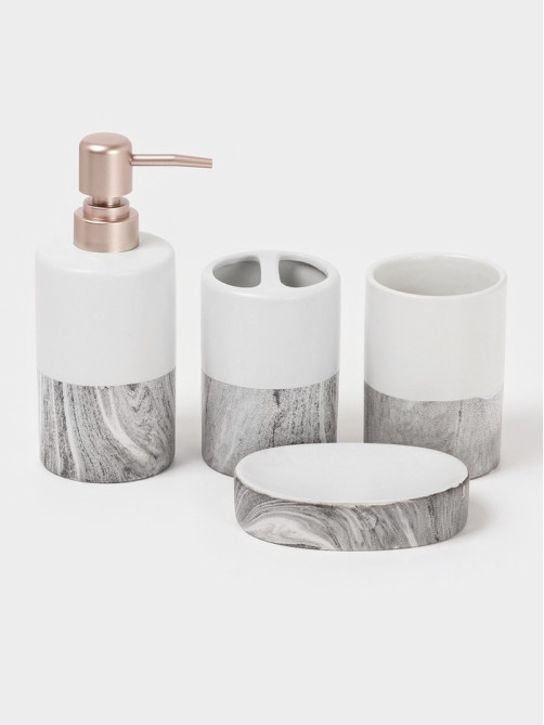 Аксессуары для ванной SAVANNA Stone gray, 4 предмета, дозатор для мыла 390 мл, 2 стакана, мыльница, белые