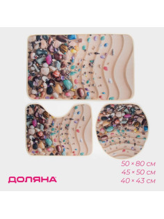 Коврики для ванной и туалета Доляна «Ракушки», 3 шт., 50×80, 50×40, 40×43 см