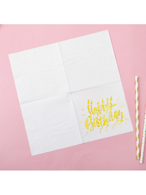 Салфетки бумажные Happy birthday, 25×25 см, 20 шт., тиснение золото, на белом фоне