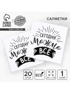 Салфетки бумажные «Сегодня можно всё», однослойные, 24×24 см, набор 20 шт.