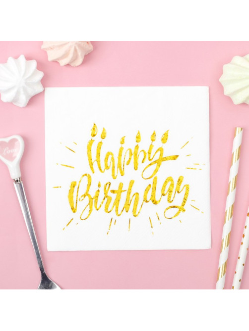 Салфетки бумажные Happy birthday, 25×25 см, 20 шт., тиснение золото, на белом фоне