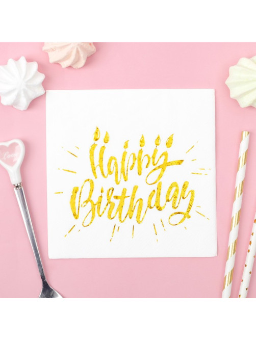 Салфетки бумажные Happy birthday, 25×25 см, 20 шт., тиснение золото, на белом фоне