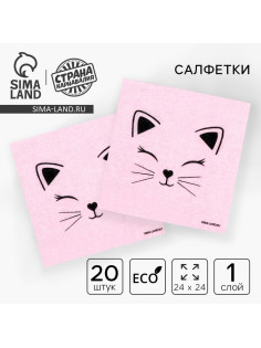 Салфетки бумажные однослойные «Кошечка», 24×24 см, в наборе 20 шт.