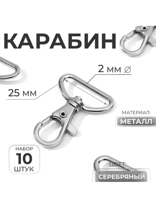 Карабин металлический, 41×30 мм / 25×2 мм, 10 шт., цвет серебряный