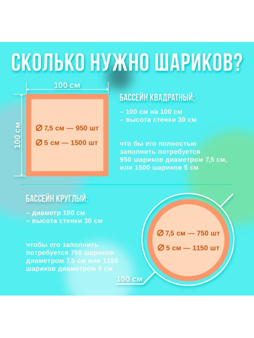 Шарики для сухого бассейна 150 шт., цвета: бирюзовый, серый, белый, чёрный, салатовый, бежевый, диаметр шара 7.5 см