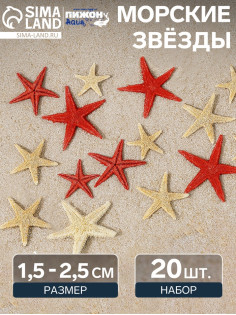 Набор натуральных морских звезд, 1.5 - 2.5 см, 20 шт., красные - белые