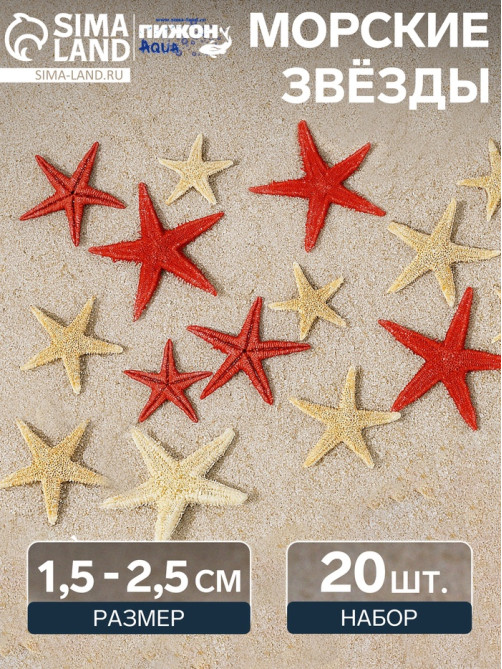 Набор натуральных морских звезд, 1.5 - 2.5 см, 20 шт., красные - белые