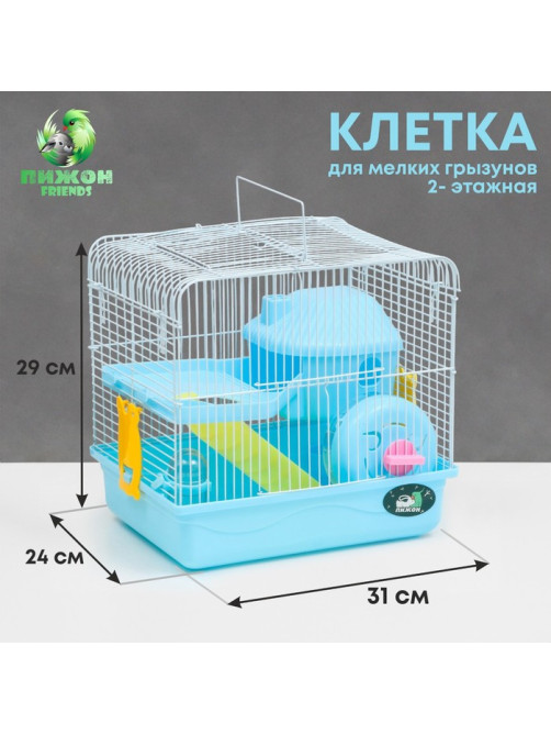 Клетка для грызунов «Пижон», 31×24×29 см, двухэтажная, с наполнением, пластик, металл, голубая