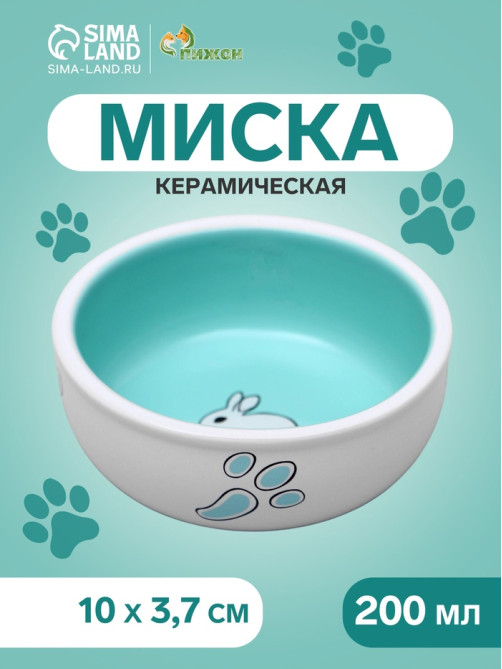 Миска для кроликов, 200 мл, 10×3.7 см, керамика, белая, зелёная