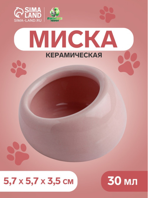 Миска для грызунов, 30 мл, 5.7×5.7×3.5 см, со скошенным краем, керамика, розовая