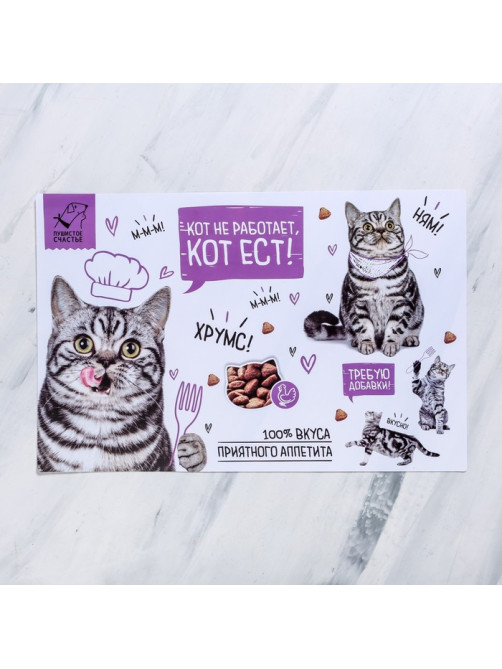 Коврик под миску «Кот не работает, кот ест!» 43×28 см
