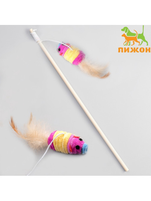 Дразнилка, 40 см, с махровой мышкой 7 см, на деревянной палочке, МИКС