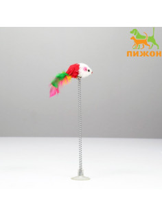 Дразнилка «Мышь на присоске», искусственный мех с цветными перьями,24 см, мышь красная/белая