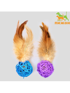 Игрушка для кошек «Шар из лозы с пером», 3.8 см, микс цветов