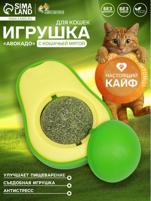 Игрушка для кошек с кошачьей мятой «Авокадо», 6 см, пластик, зелёная