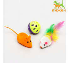 Набор игрушек для кошек: 2 мыши: 5/6 см, шарик 3.8 см, цвет МИКС