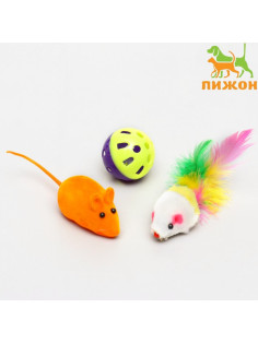 Набор игрушек для кошек: 2 мыши: 5/6 см, шарик 3.8 см, цвет МИКС