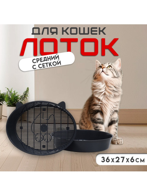 Туалет для кошек «Киса», 36×27×6 см, с сеткой, пластик, серый микс