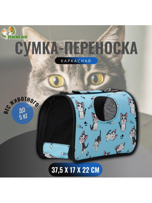 Сумка - переноска каркасная «Играющие котики», размер S, 37.5×17×22 см, голубая
