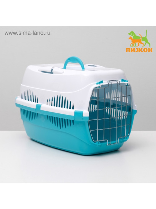 Переноска для животных до 12 кг «Пижон», 49×33×32 см, металлическая дверь, пластик, белая, бирюзовая