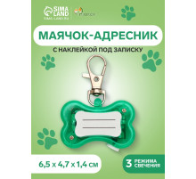 Маячок-адресник «Косточка», с наклейкой под записку, 3 режима свечения, пластик, металл, зелёный