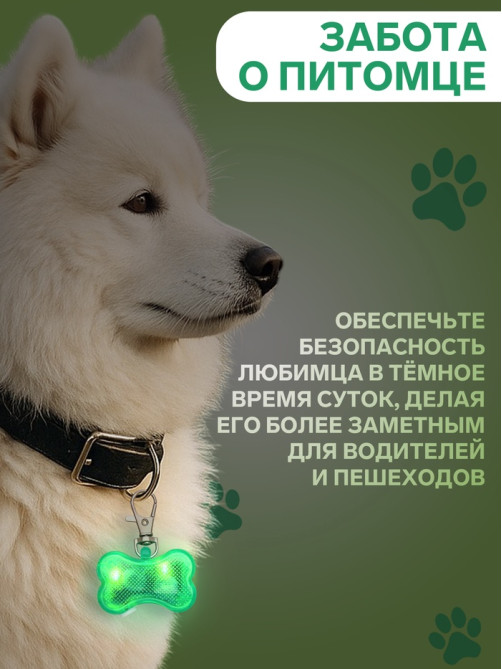 Маячок-адресник «Косточка», с наклейкой под записку, 3 режима свечения, пластик, металл, зелёный
