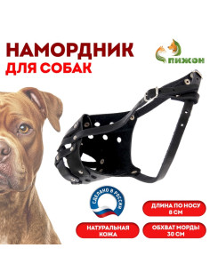 Намордник кожаный цельнокроенный, питбультерьер, ДН 8 см, ОМ 30 см, чёрный