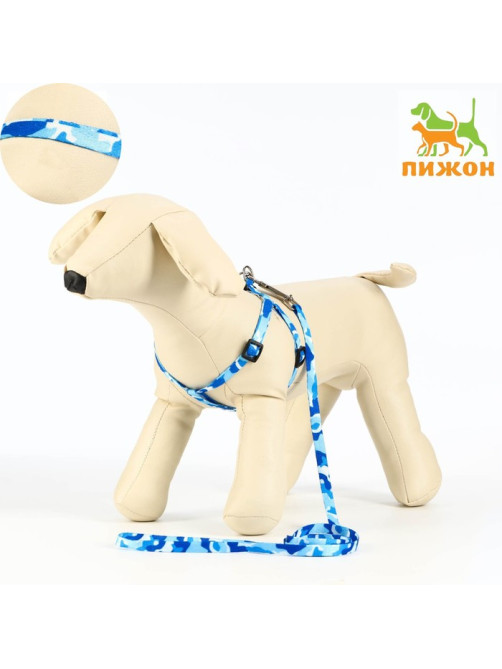 Шлейка с поводком «Камуфляж», ширина 1 см, шлейка 21-35 см, поводок 120 см, капрон, синяя, голубая