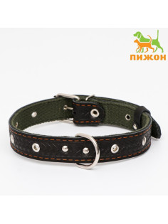 Ошейник комбинированный безразмерный, кожа/брезент, 60×3 см, ОШ 30-57 см, чёрный/зелёный