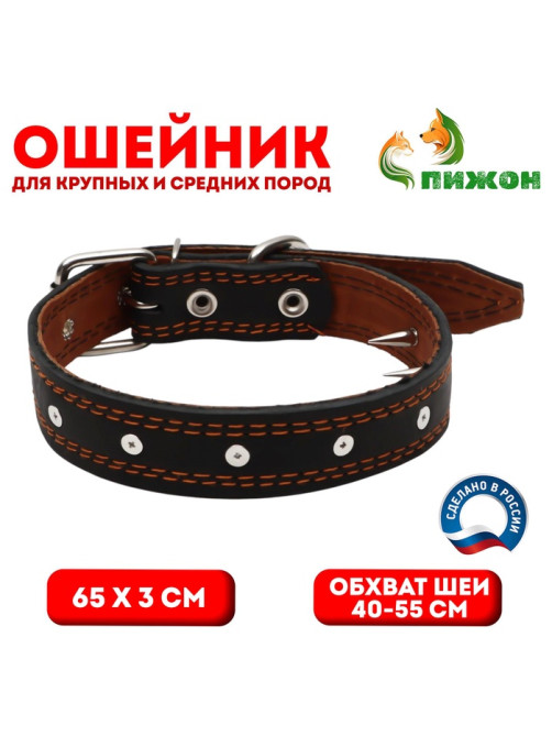 Ошейник кожаный «Строгий шип», 65×3 см, ОШ 40-55 см, чёрный