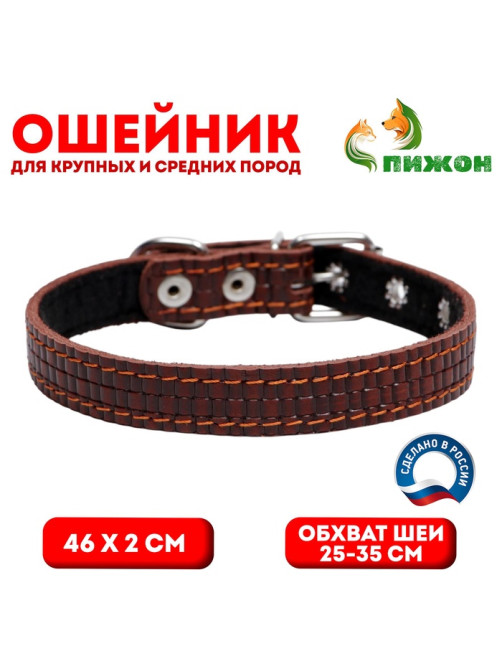 Ошейник кожаный с тиснением на синтепоне, 46×2 см, ОШ 25-35 см, коричневый