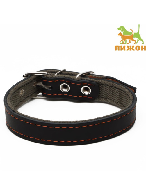 Ошейник комбинированный, 53×2.5 см, ОШ 35-45 см, кожа, брезент, чёрный