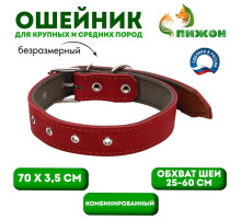 Ошейник комбинированный, безразмерный, 70×3.5 см, ОШ 25-60 см, кожа, брезент, красный
