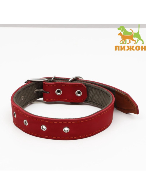 Ошейник комбинированный, безразмерный, 70×3.5 см, ОШ 25-60 см, кожа, брезент, красный