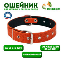 Ошейник тиснёный, 67×3.5 см, ОШ 31-60 см, на фетре, безразмерный, кожа, оранжевый